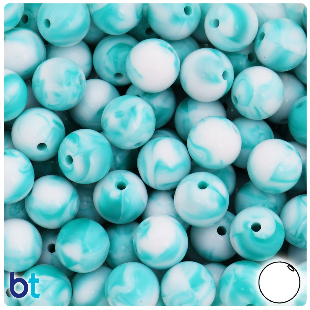 BeadTin Turquoise Marbled 12mm Round Plastic Craft Beads (75pcs)