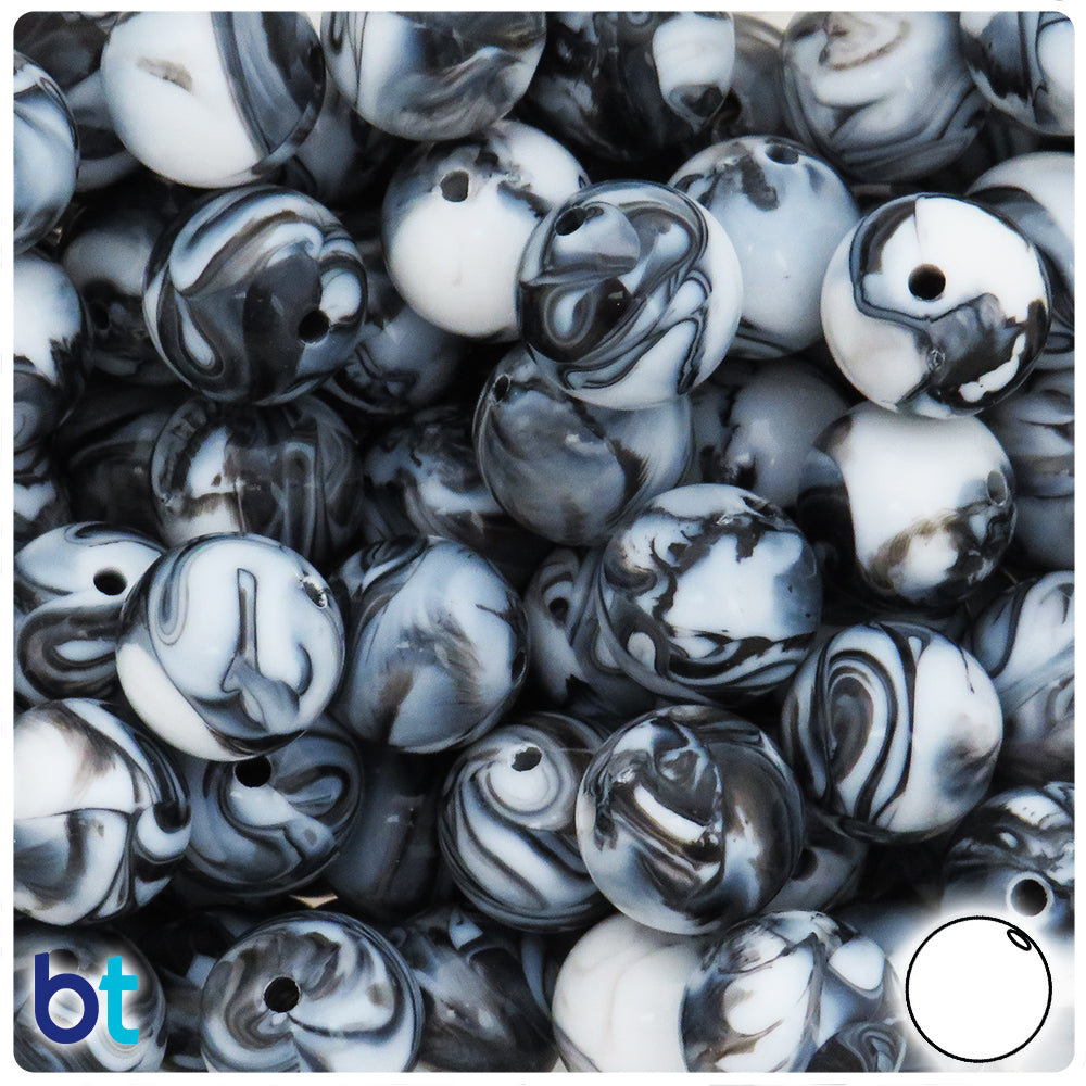 Black Marbled 12mm Round Plastic Beads (75pcs)