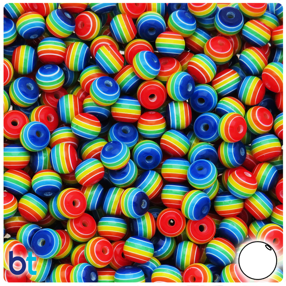 Rainbow Stripe 8mm Round Plastic Acrylic Resin Beads With Opaque