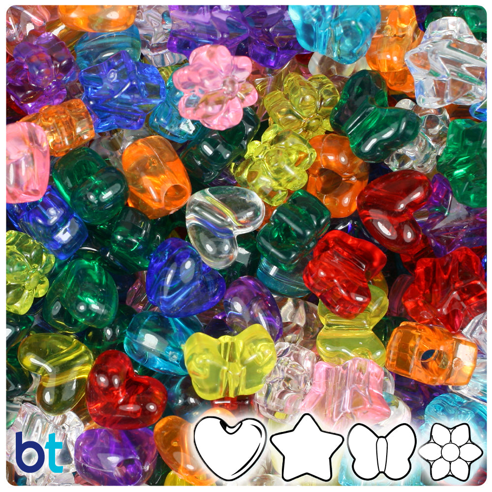 Plastic Pony Bead Shapes Mix, Opaque Colors, 125 beads