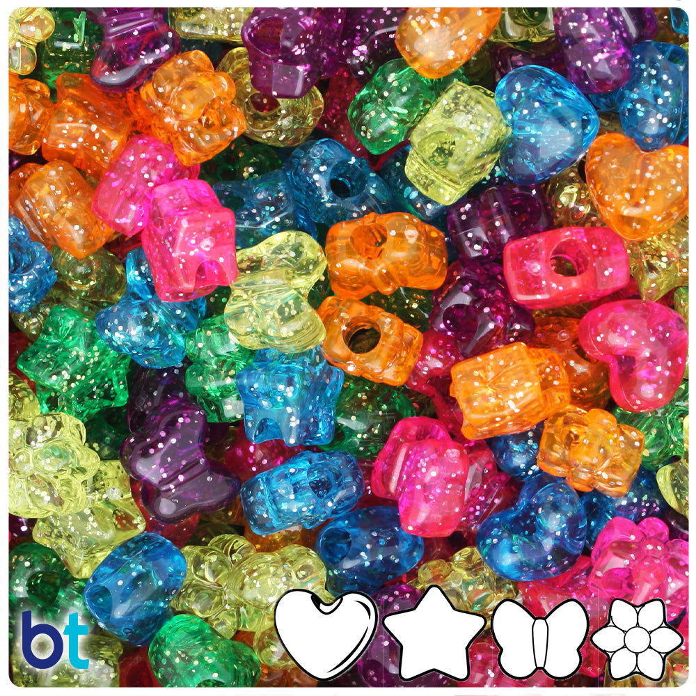 BeadTin Jelly Sparkle Mix 13mm Small Shape Mix Plastic Pony Beads (4oz)