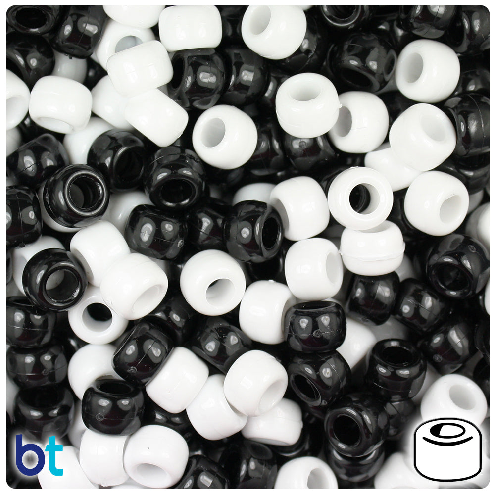 Black & White Opaque 9mm Barrel Pony Beads (500pcs)