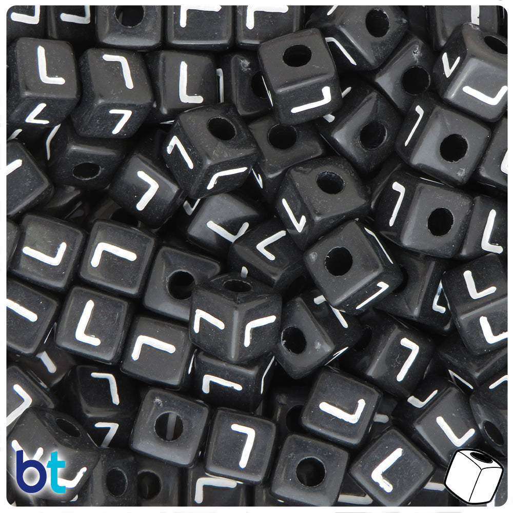 Black Opaque 10mm Cube Alpha Beads - White Letter Mix (100pcs)