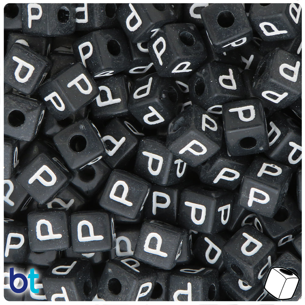 White Opaque 10mm Cube Alpha Beads - Black Letter B (20pcs)