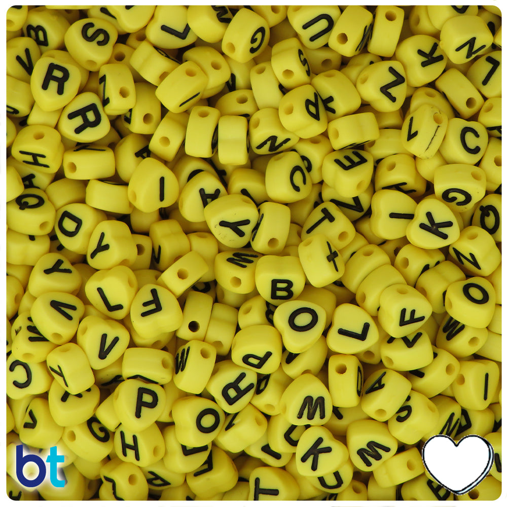 Yellow Opaque 7mm Heart Alpha Beads - Black Letter Mix (250pcs)