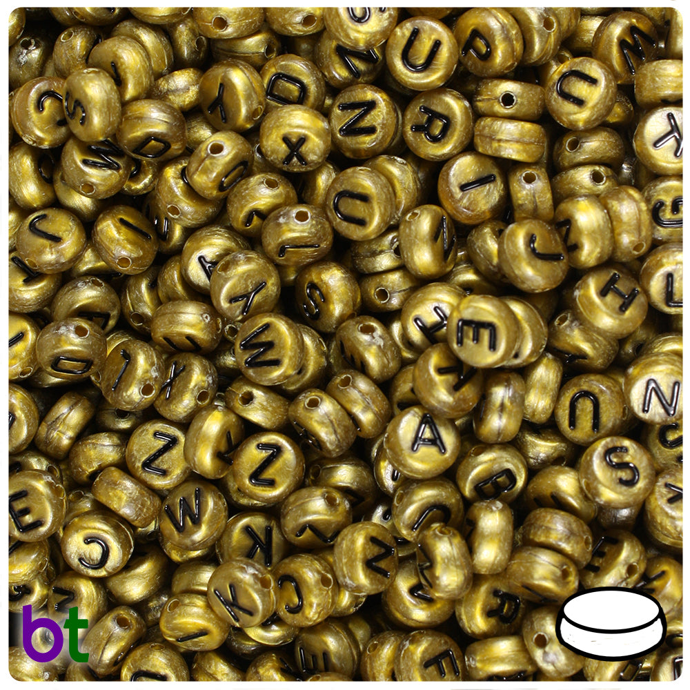 Black Opaque 7mm Coin Alpha Beads - Gold Letter Mix (250pcs)