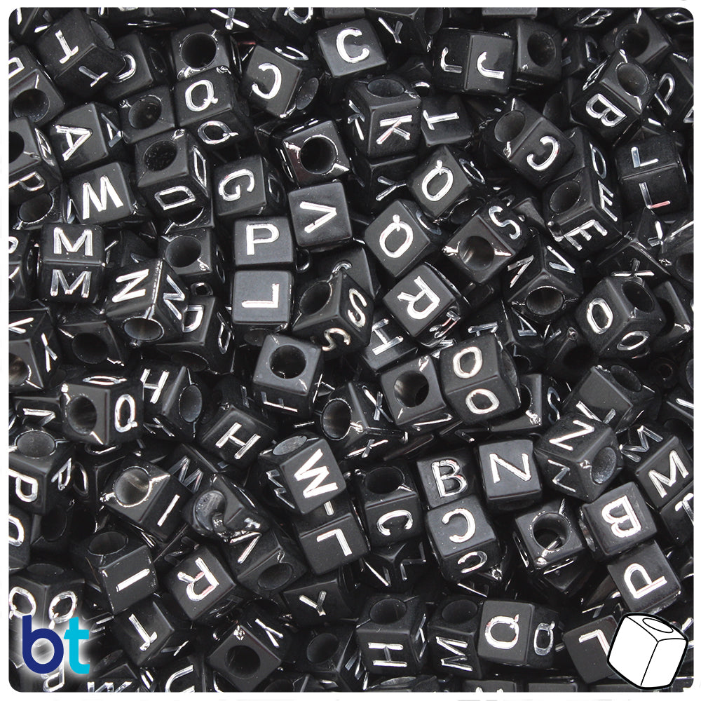 Black Opaque 7mm Cube Alpha Beads - Colored Letter Mix (200pcs)