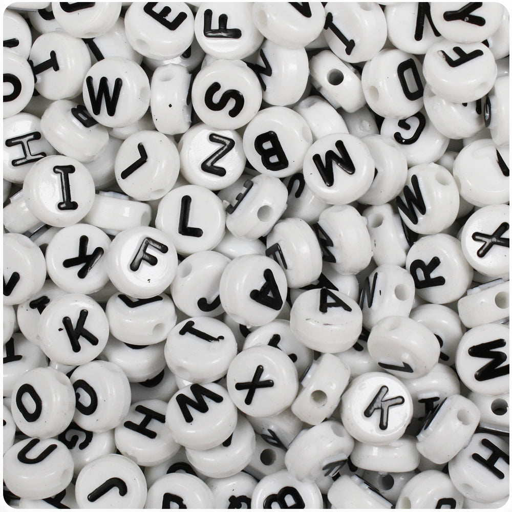 White Opaque 7mm Coin Alpha Beads - Black Number 2 (100pcs)