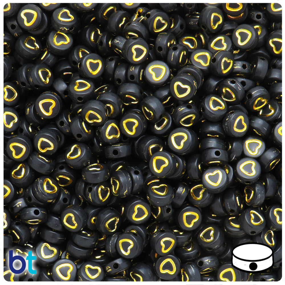 Mixed Opaque 7mm Coin Alpha Beads - Black Hearts (250pcs)