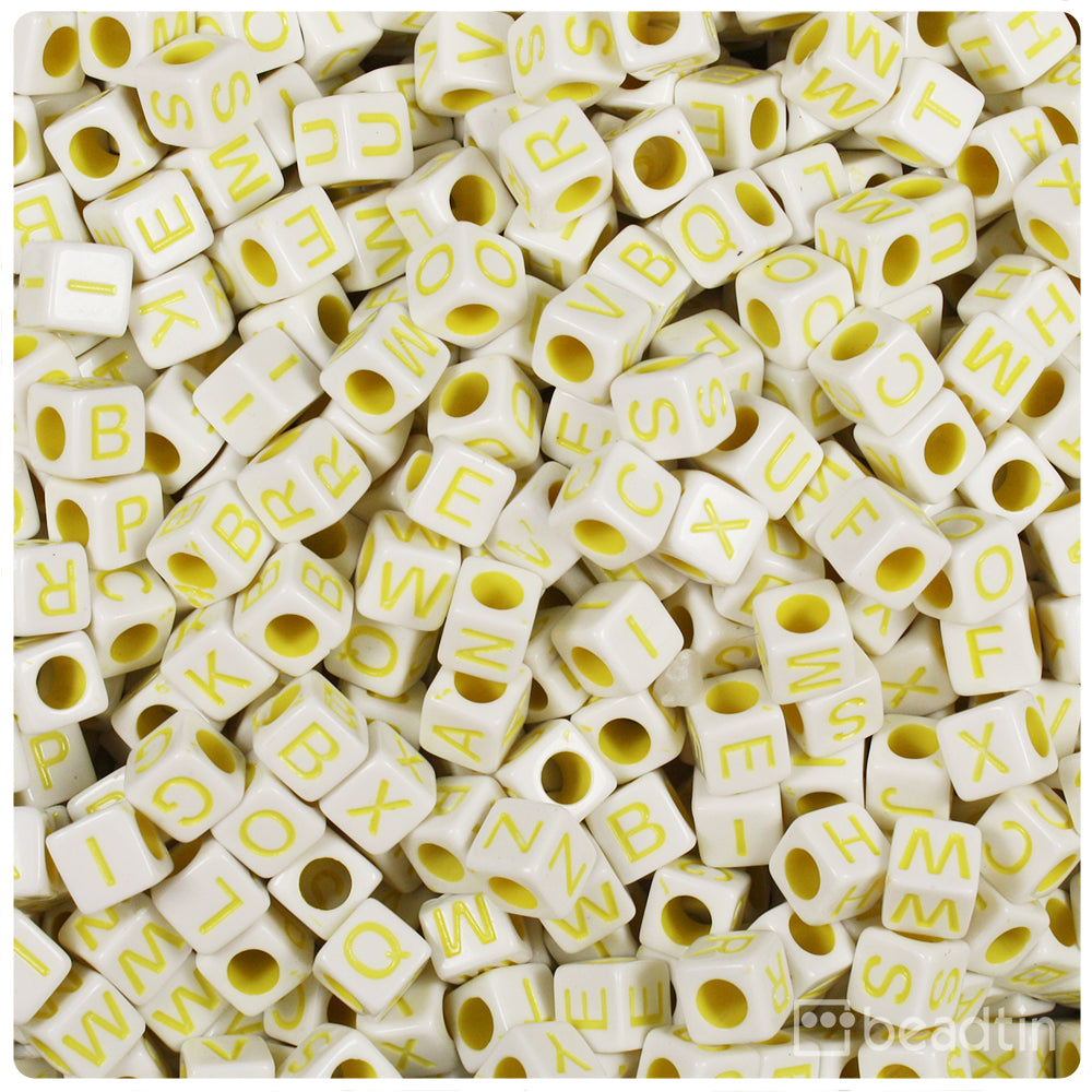 White Opaque 6mm Cube Alpha Beads - Gold Letter Mix (200pcs)