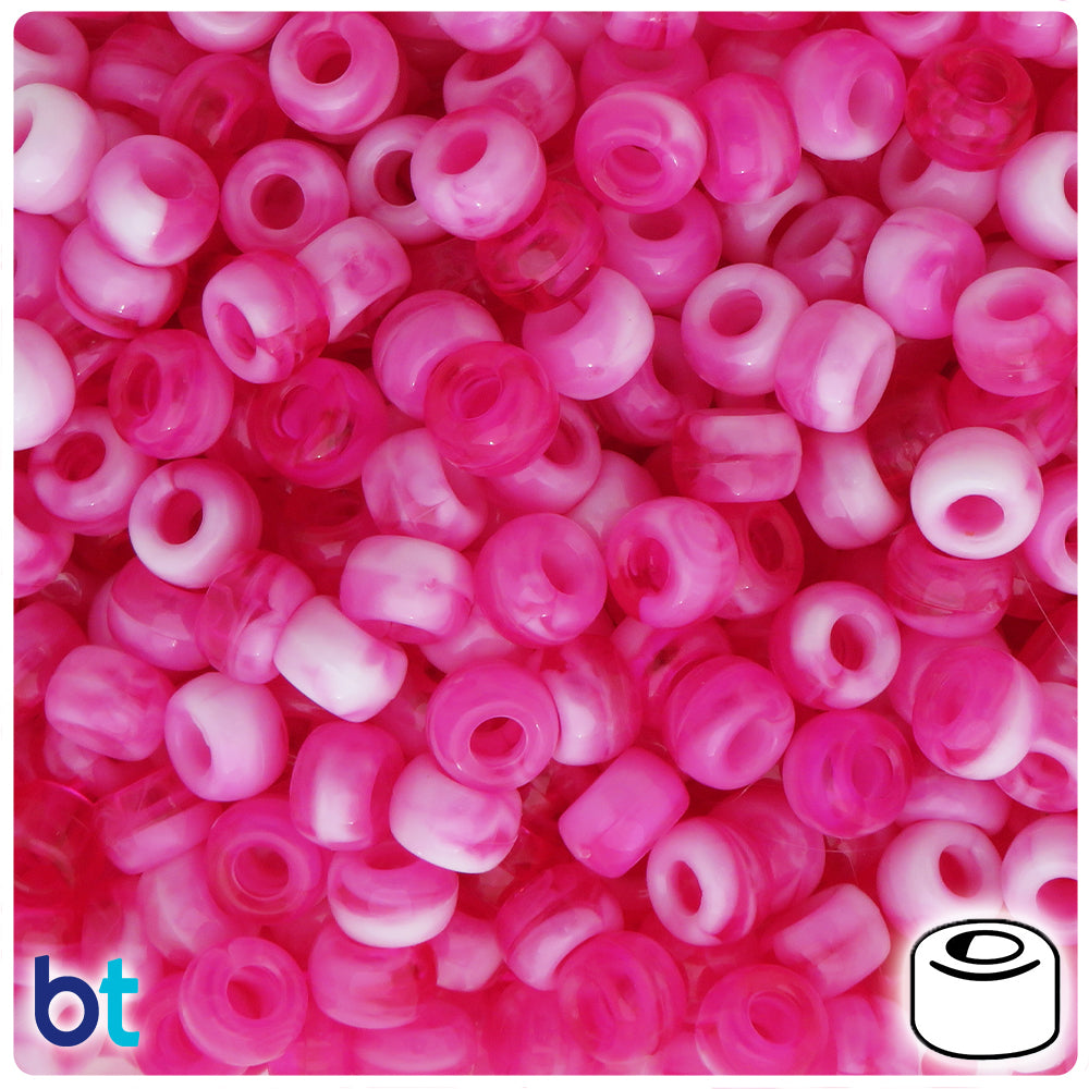 Pink Marbled 12mm Round Large Hole Plastic Pony Beads (75pcs)