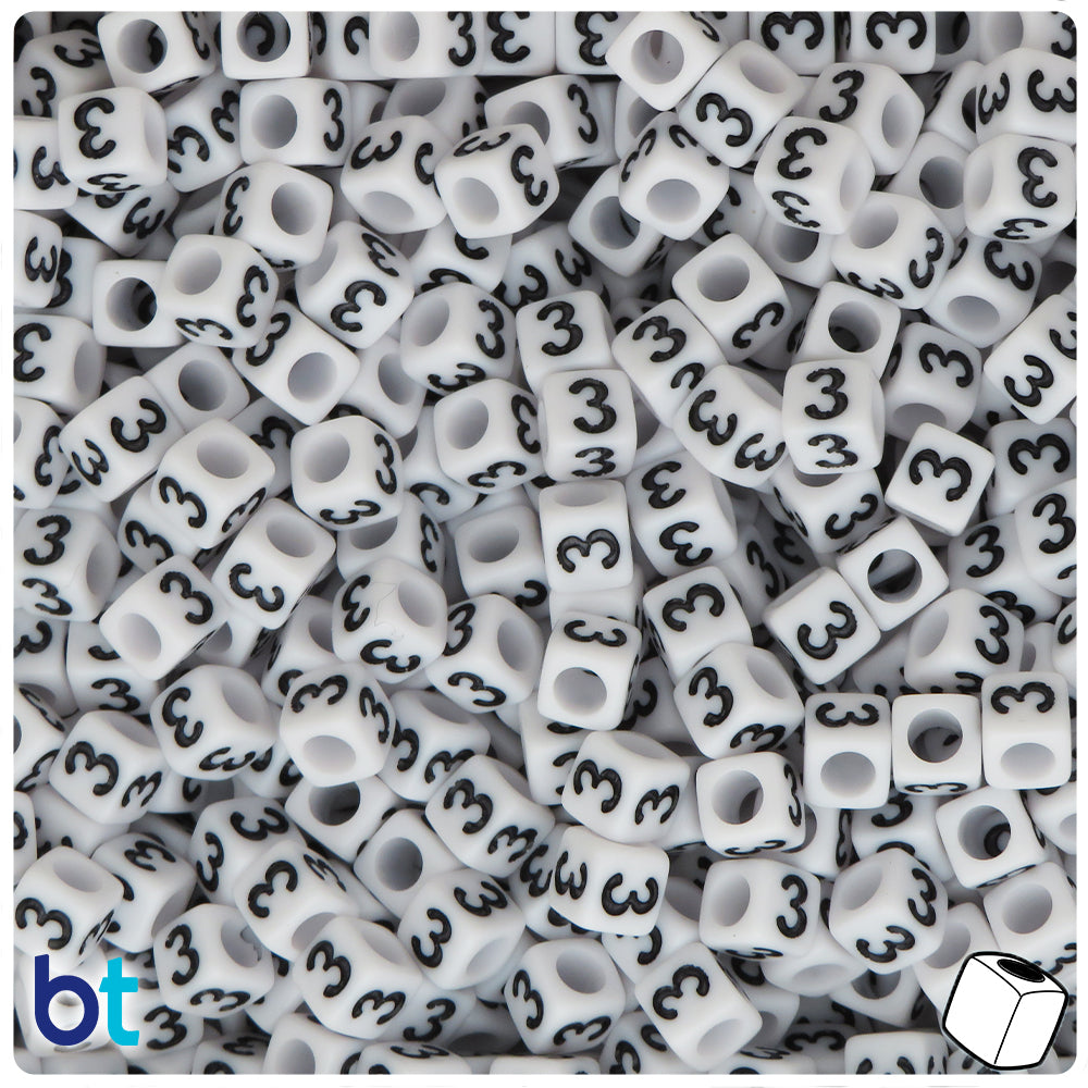 White Opaque 6mm Cube Alpha Beads - Black Number 8 (80pcs)