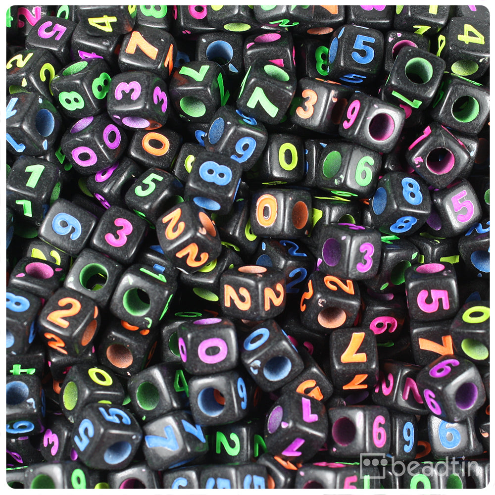 Mixed Opaque 7mm Cube Alpha Beads - Black Number Mix (200pcs)