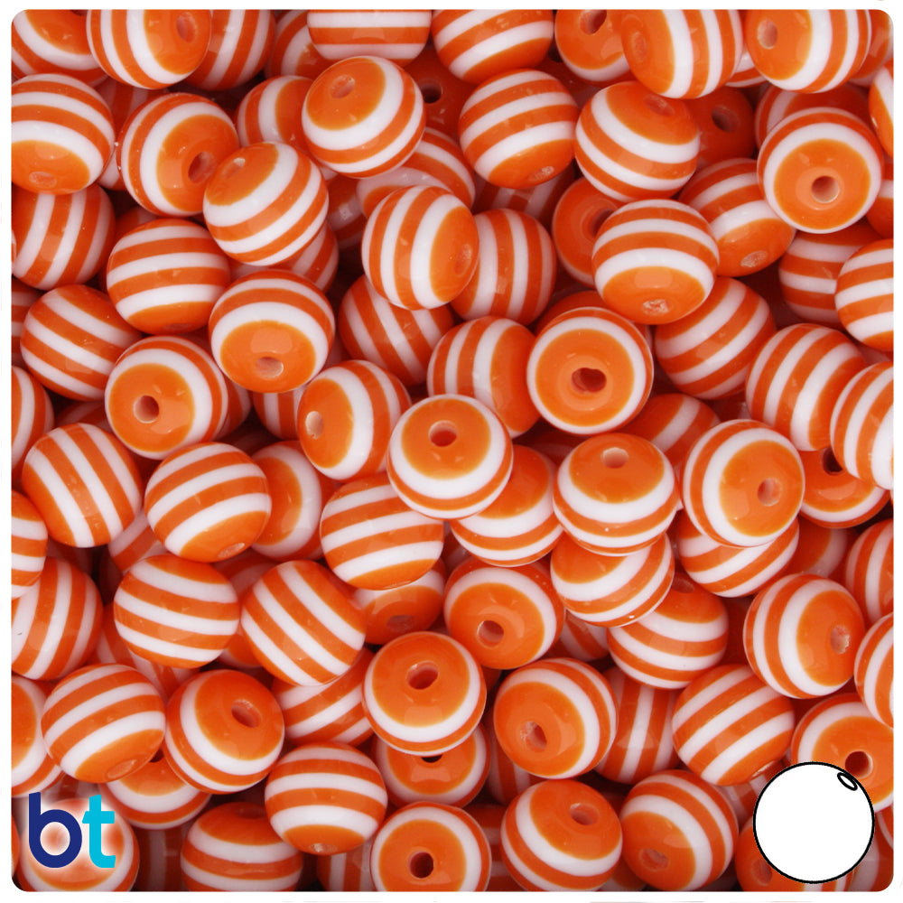 BeadTin Orange & White Striped 20mm Round Resin Beads (10pcs