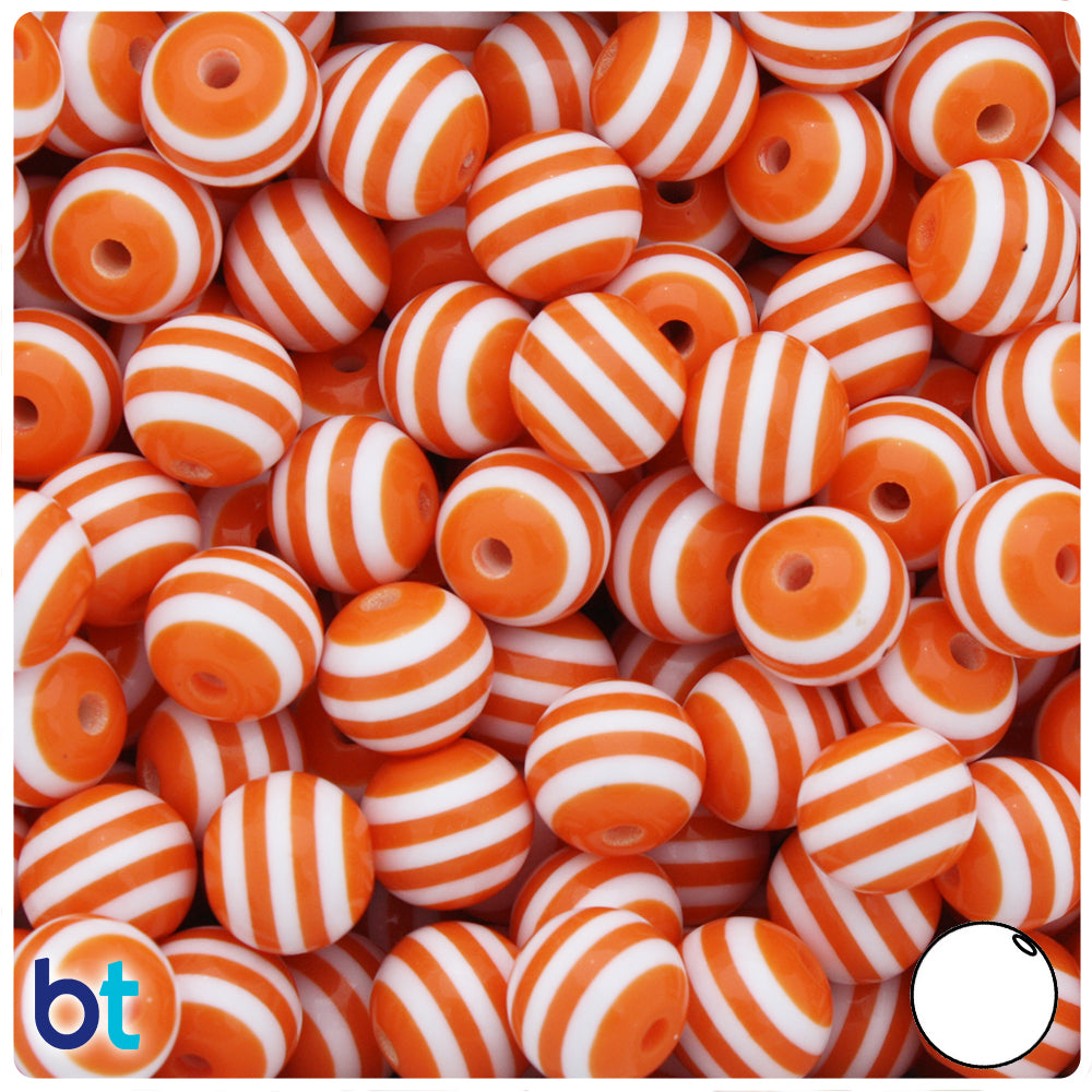 BeadTin Orange & White Striped 20mm Round Resin Beads (10pcs) 