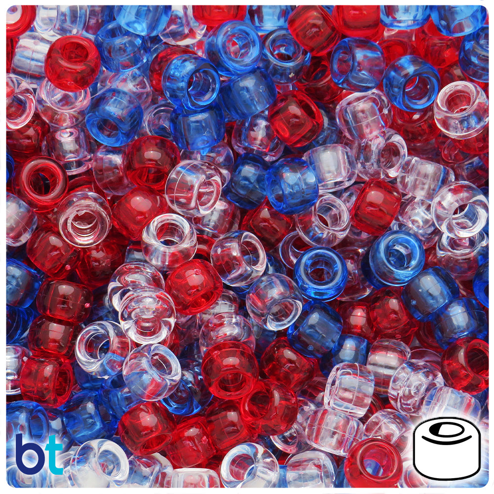 Patriotic Transparent Mix 9mm Barrel Pony Beads (500pcs)