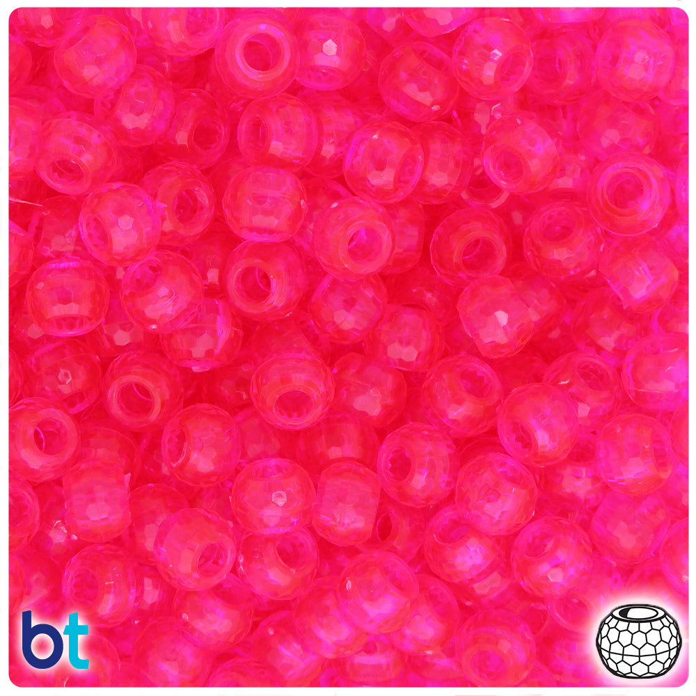 Bright Pink Transparent 9mm Faceted Barrel Pony Beads (500pcs)