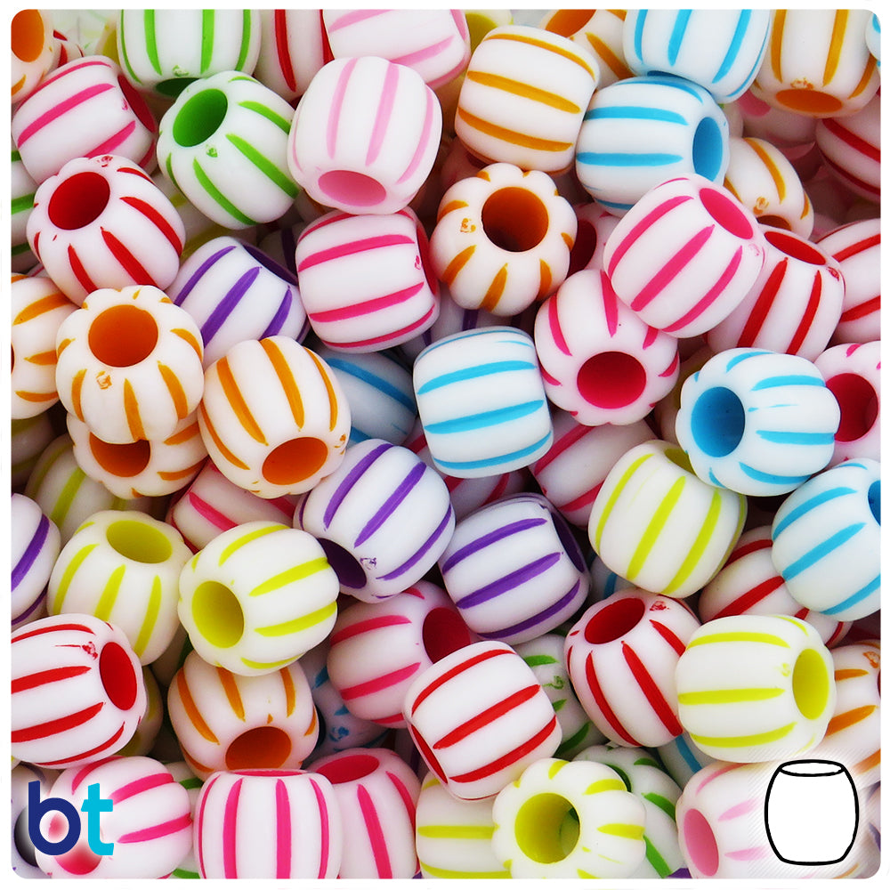 White Opaque 12mm Barrel Large Hole Plastic Beads - Colored Stripes (46pcs)