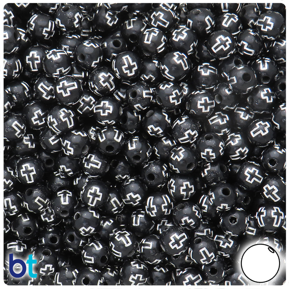 Black Opaque 8mm Round Plastic Beads - Silver Crosses (150pcs)