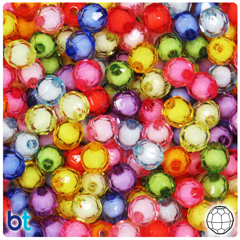 Mixed Transparent 10mm Faceted Round Plastic Beads - White Core Bead (100pcs)