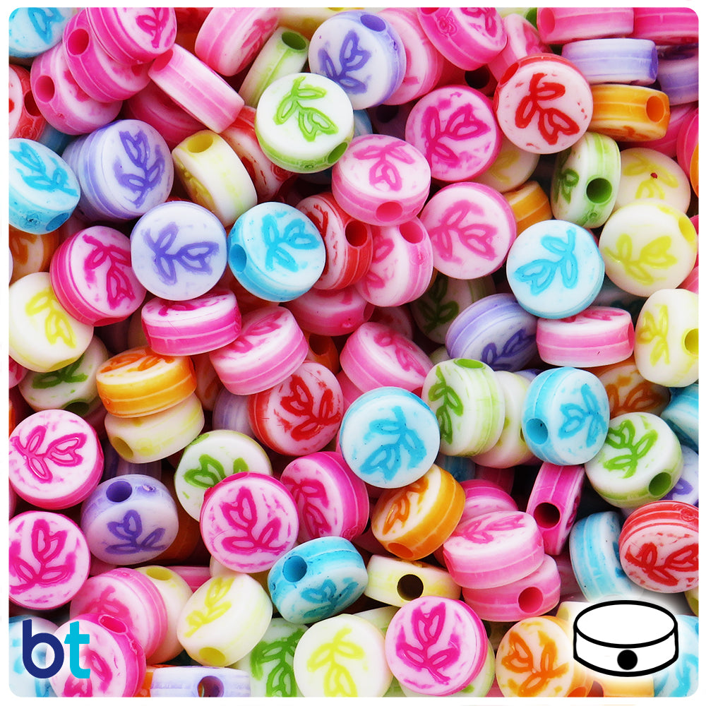 White Opaque 11mm Flat Round Plastic Beads - Colored Flowers (115pcs)