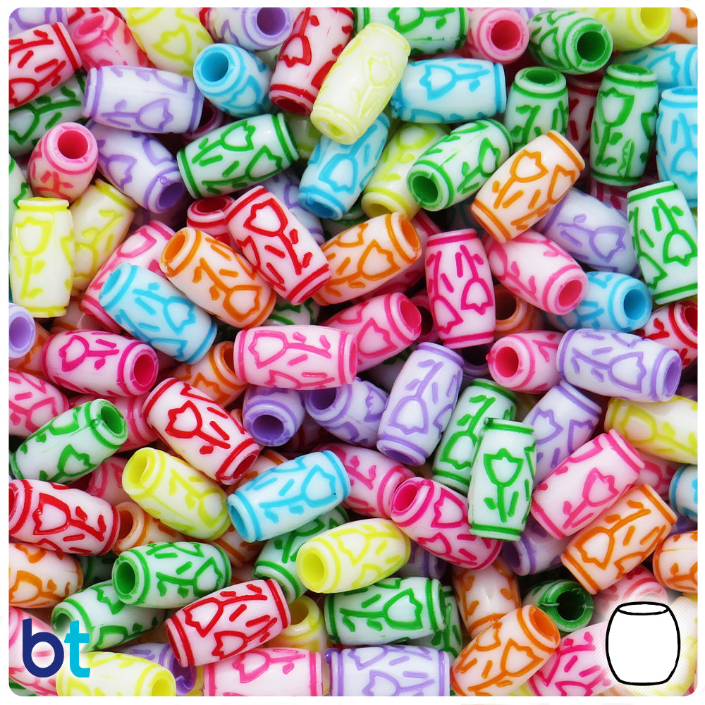 White Opaque 13mm Barrel Plastic Beads - Colored Tulips (130pcs)