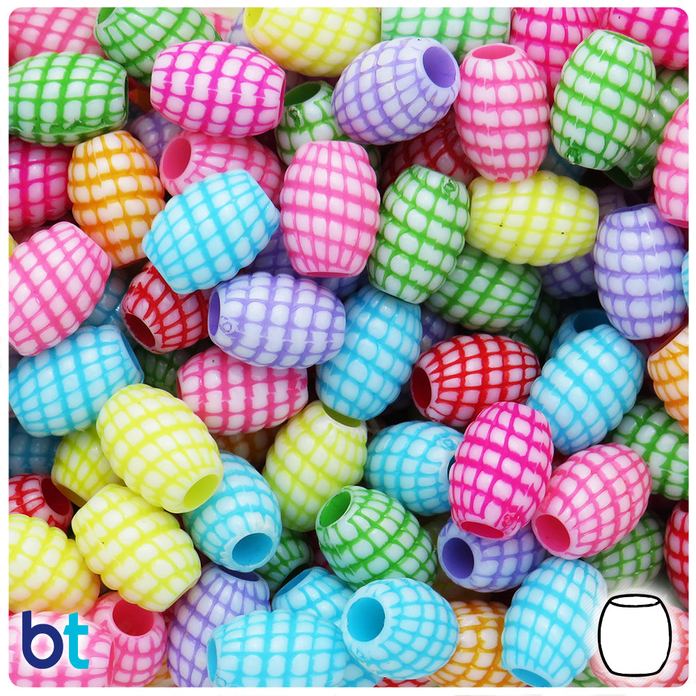 White Opaque 15mm Barrel Plastic Beads - Colored Squares (56pcs)