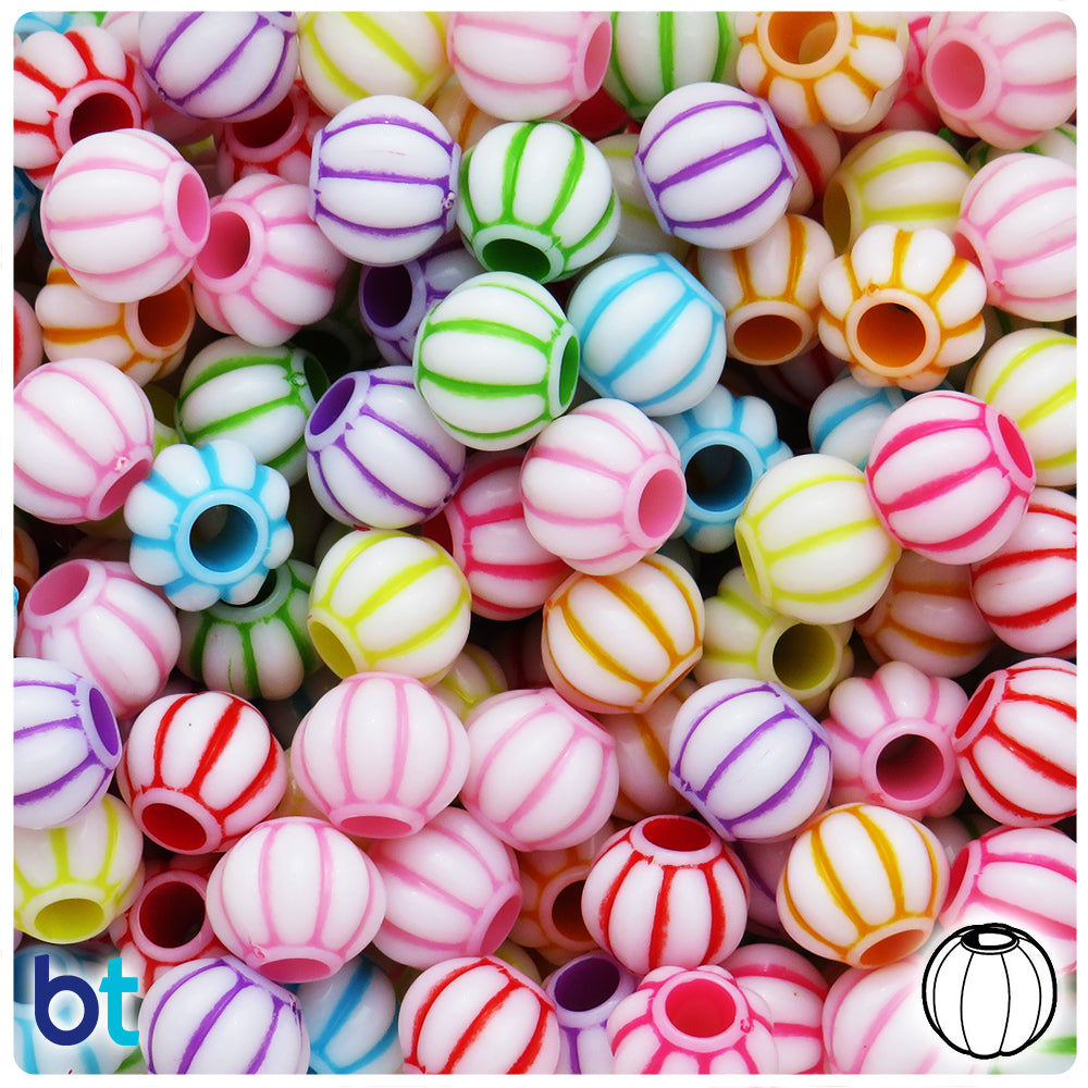 White Opaque 12mm Melon Large Hole Plastic Beads - Colored Details (60pcs)