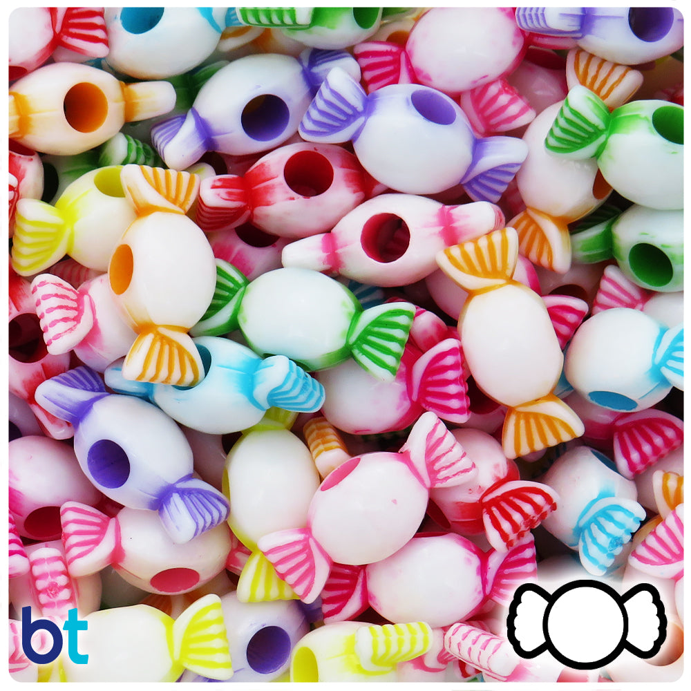 White Opaque 24mm Candy Large Hole Plastic Beads - Colored Details (50pcs)