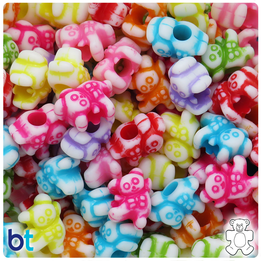 White Opaque 18mm Bear Large Hole Plastic Beads - Colored Details (46pcs)