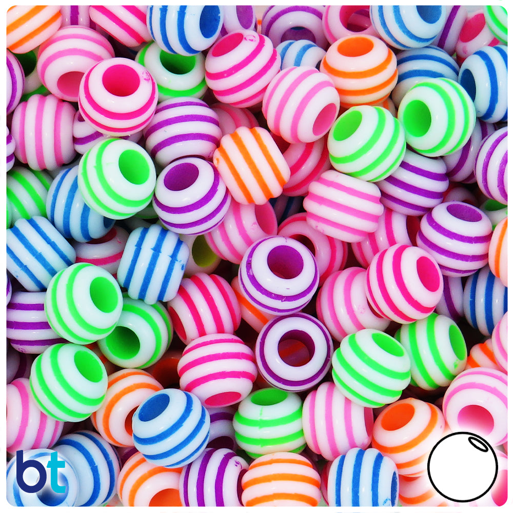 White Opaque 12mm Round Large Hole Plastic Beads - Colored Rings (75pcs)