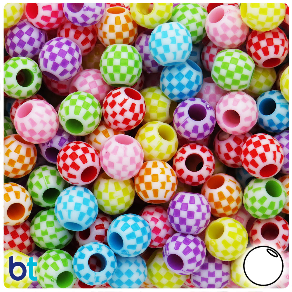 White Opaque 12mm Round Large Hole Plastic Beads - Colored Checkered (65pcs)