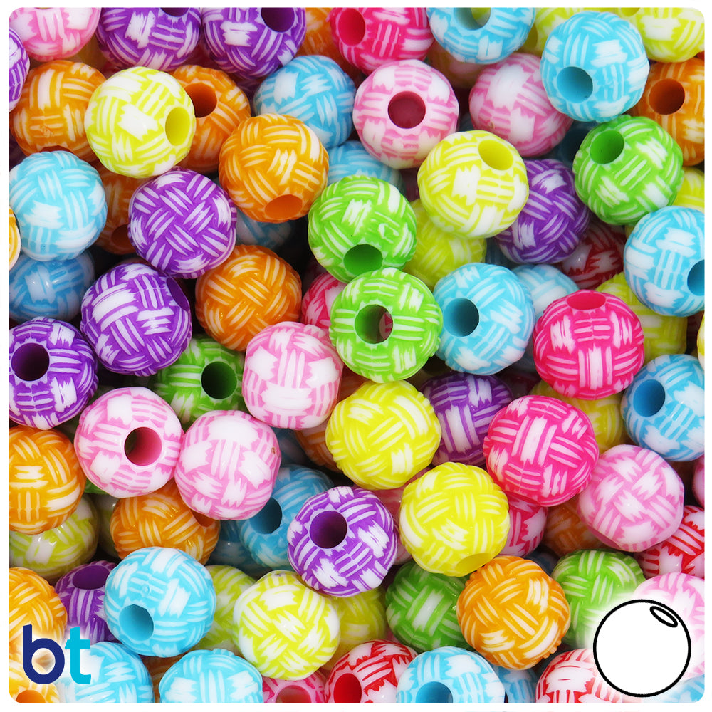 White Opaque 11mm Round Large Hole Plastic Beads - Colored Weave (65pcs)