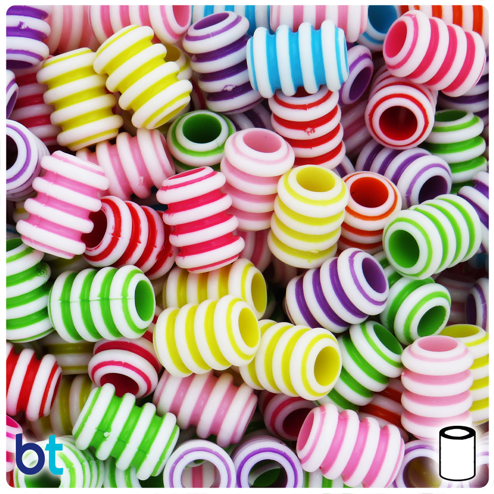 White Opaque 15mm Cylinder Large Hole Plastic Beads - Colored Rings (58pcs)