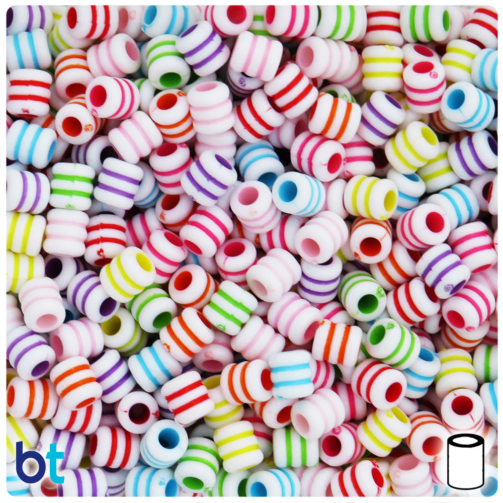 White Opaque 7mm Cylinder Large Hole Plastic Beads - Colored Rings (230pcs)