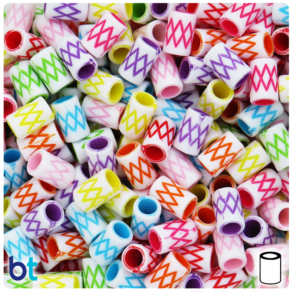 White Opaque 11mm Cylinder Large Hole Plastic Beads - Colored ZigZag (150pcs)