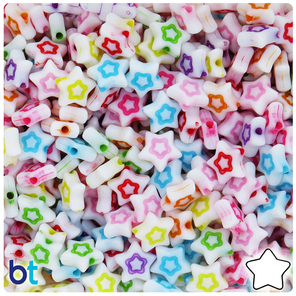 White Opaque 11mm Star Plastic Beads - Colored Design (165pcs)