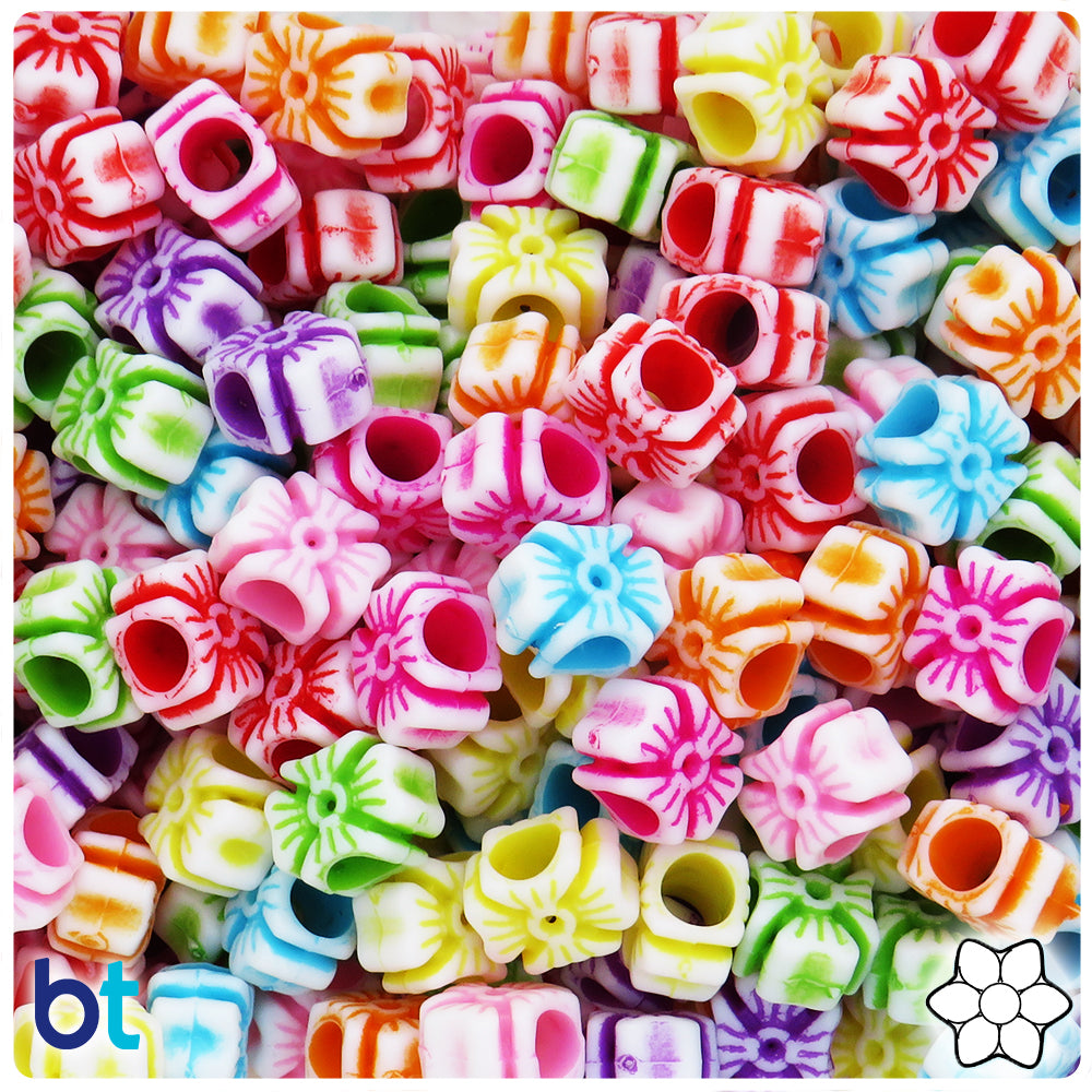 White Opaque 12mm Flower Large Hole Plastic Beads - Colored Details (110pcs)