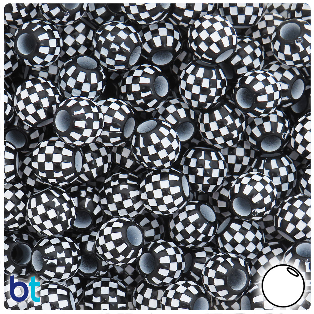 Black Opaque 12mm Round Large Hole Plastic Beads - White Checkered (65pcs)