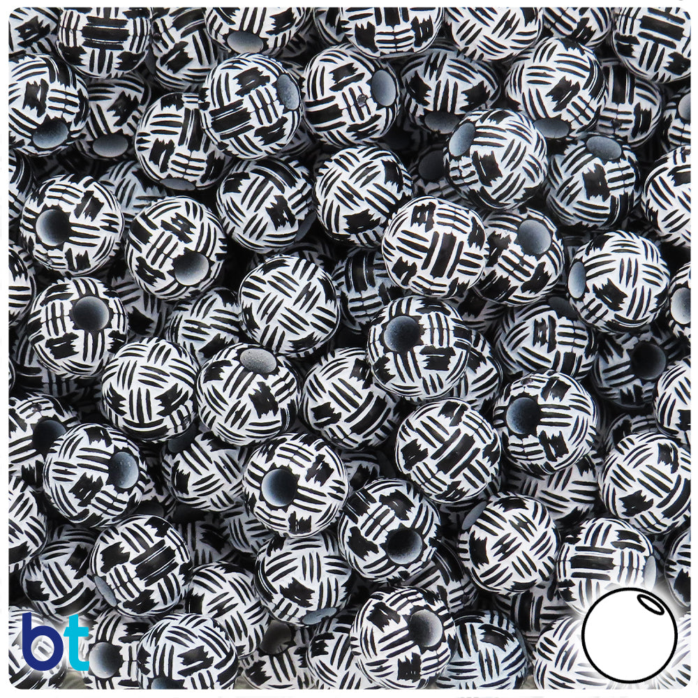 Black Opaque 11mm Round Large Hole Plastic Beads - White Weave (65pcs)