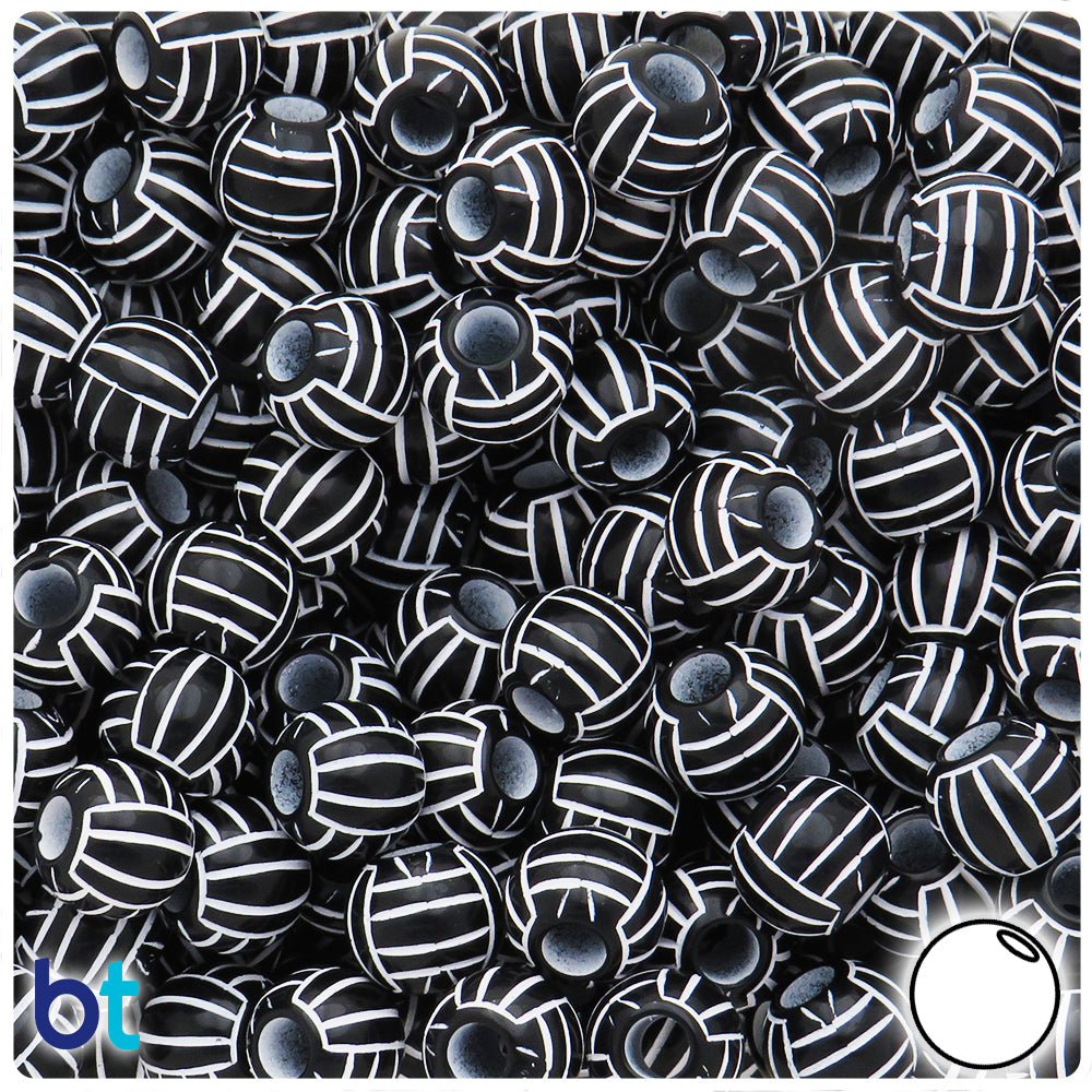 Black Opaque 11mm Round Large Hole Plastic Beads - White Ball (70pcs)