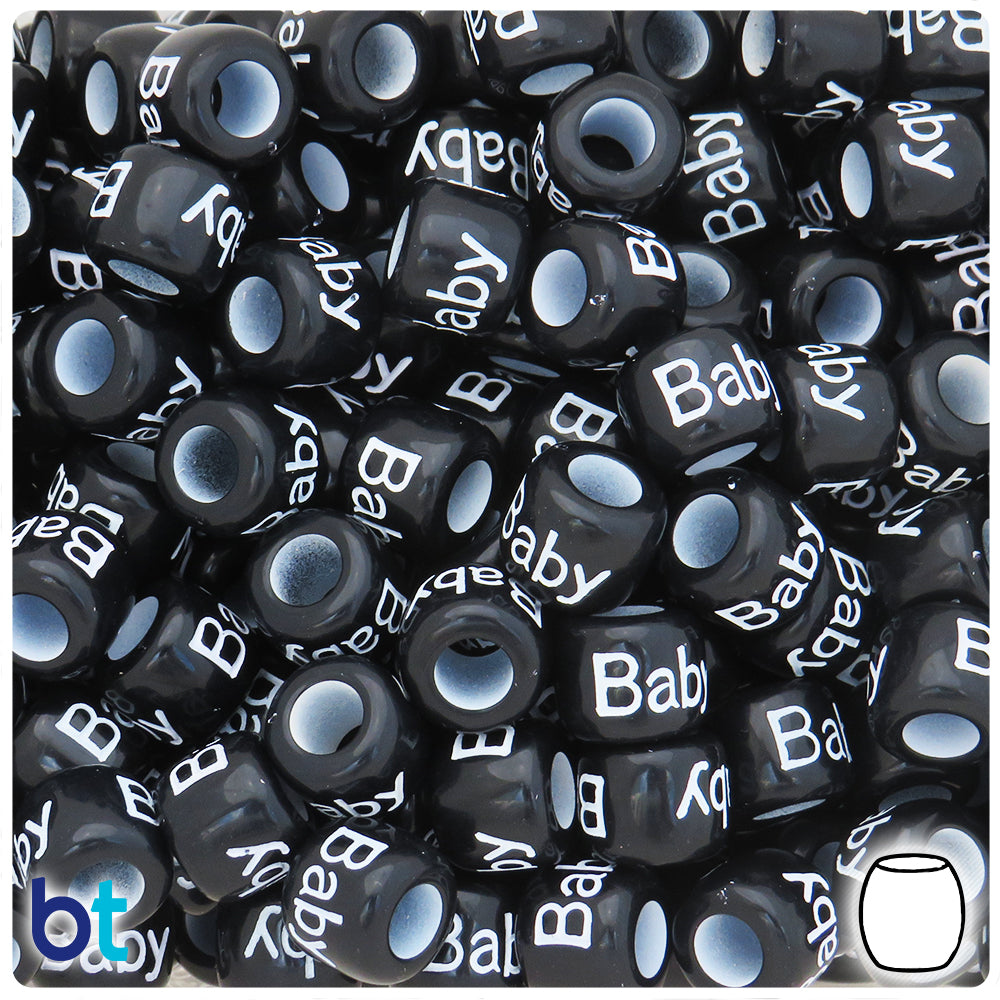 Black Opaque 12mm Barrel Large Hole Plastic Beads - White Baby (58pcs)