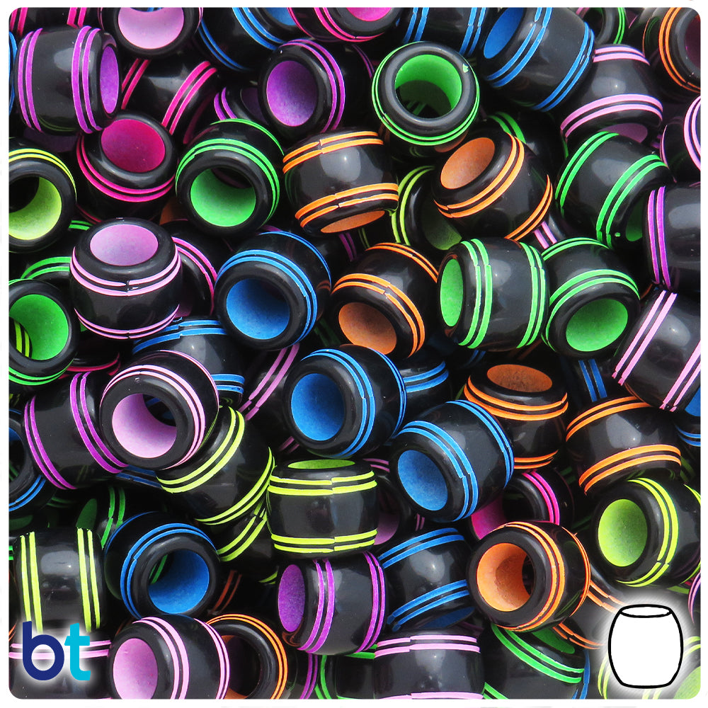 Black Opaque 12mm Barrel Large Hole Plastic Beads - Colored Rings (72pcs)