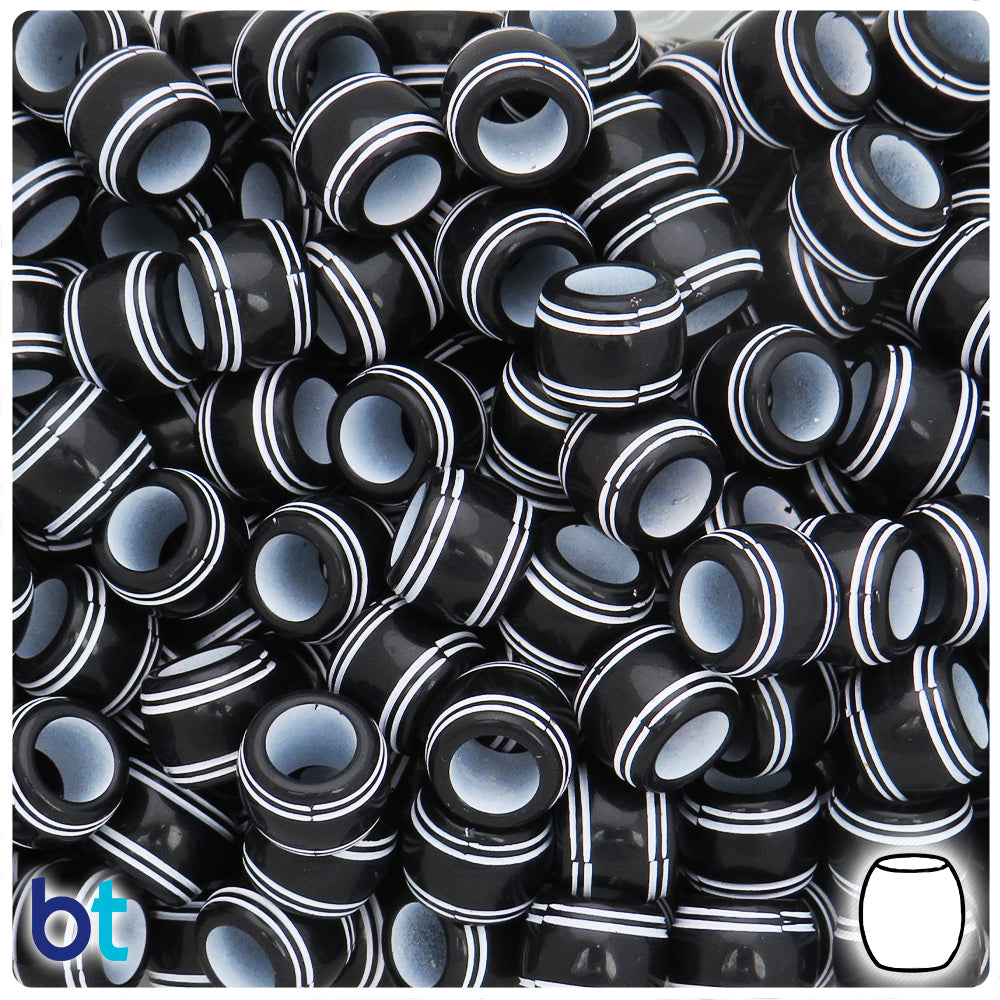 Black Opaque 12mm Barrel Large Hole Plastic Beads - White Rings (72pcs)