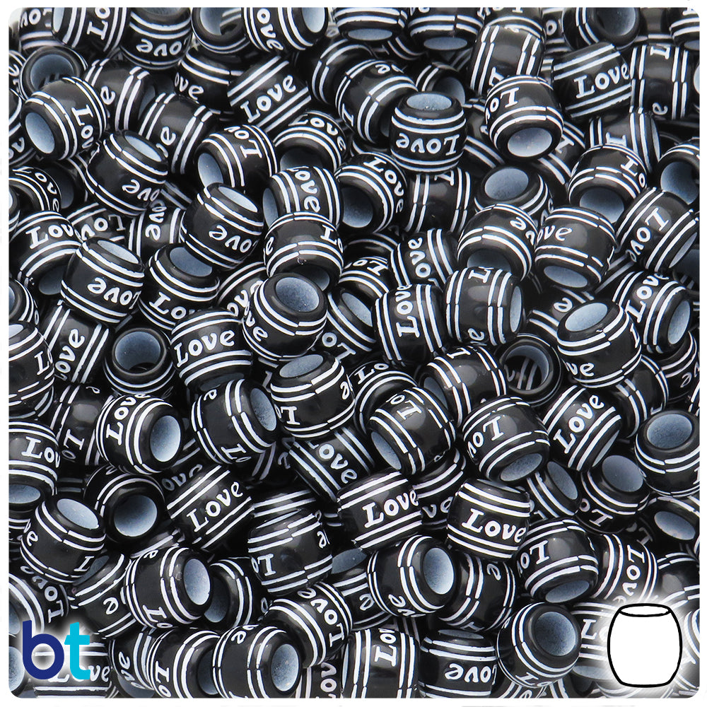 Black Opaque 8mm Barrel Large Hole Plastic Beads - White Love (160pcs)