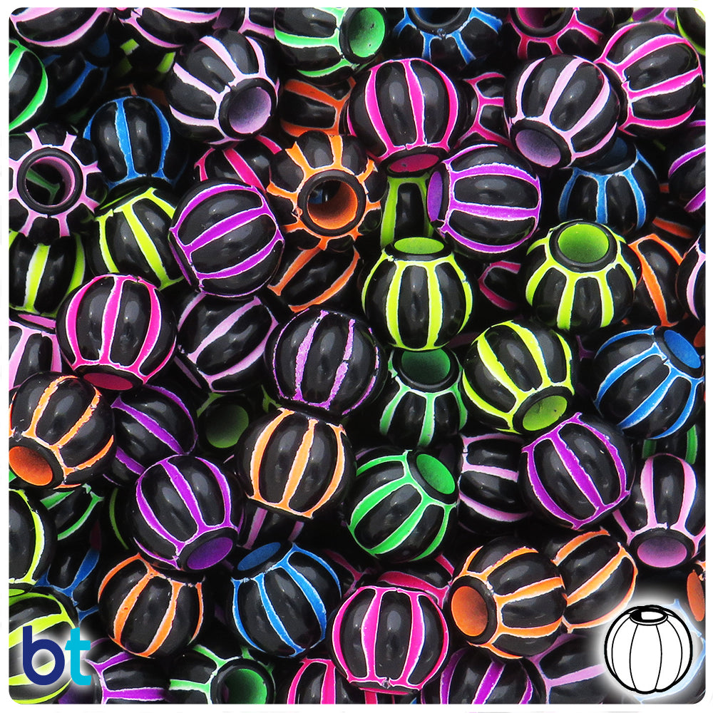 Black Opaque 12mm Melon Large Hole Plastic Beads - Colored Details (60pcs)