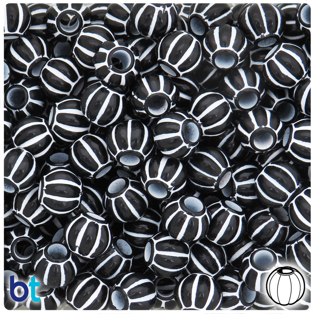 Black Opaque 12mm Melon Large Hole Plastic Beads - White Details (60pcs)