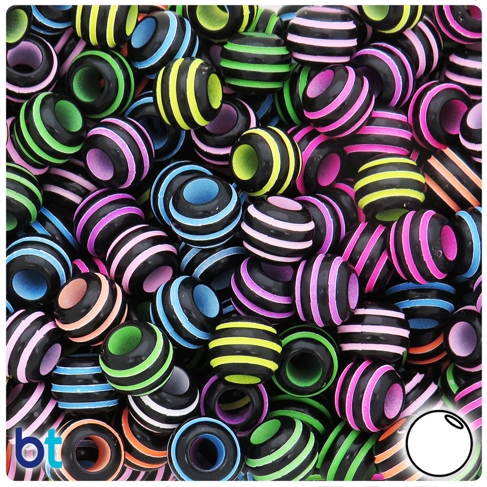 Black Opaque 11mm Round Large Hole Plastic Beads - Colored Rings (75pcs)