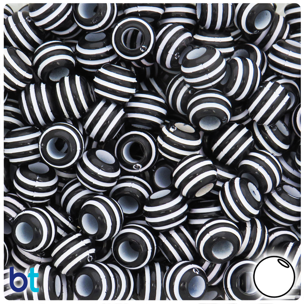 Black Opaque 11mm Round Large Hole Plastic Beads - White Rings (75pcs)