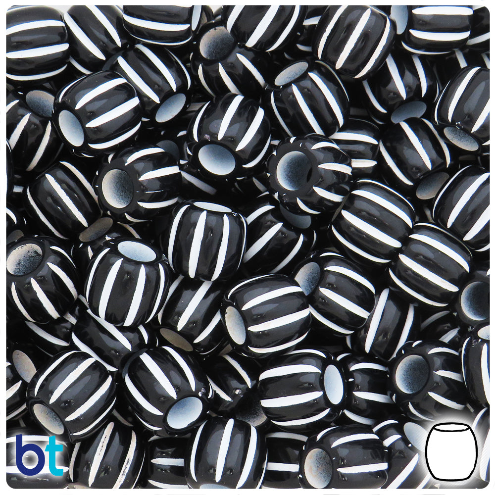 Black Opaque 12mm Barrel Large Hole Plastic Beads - White Stripes (46pcs)